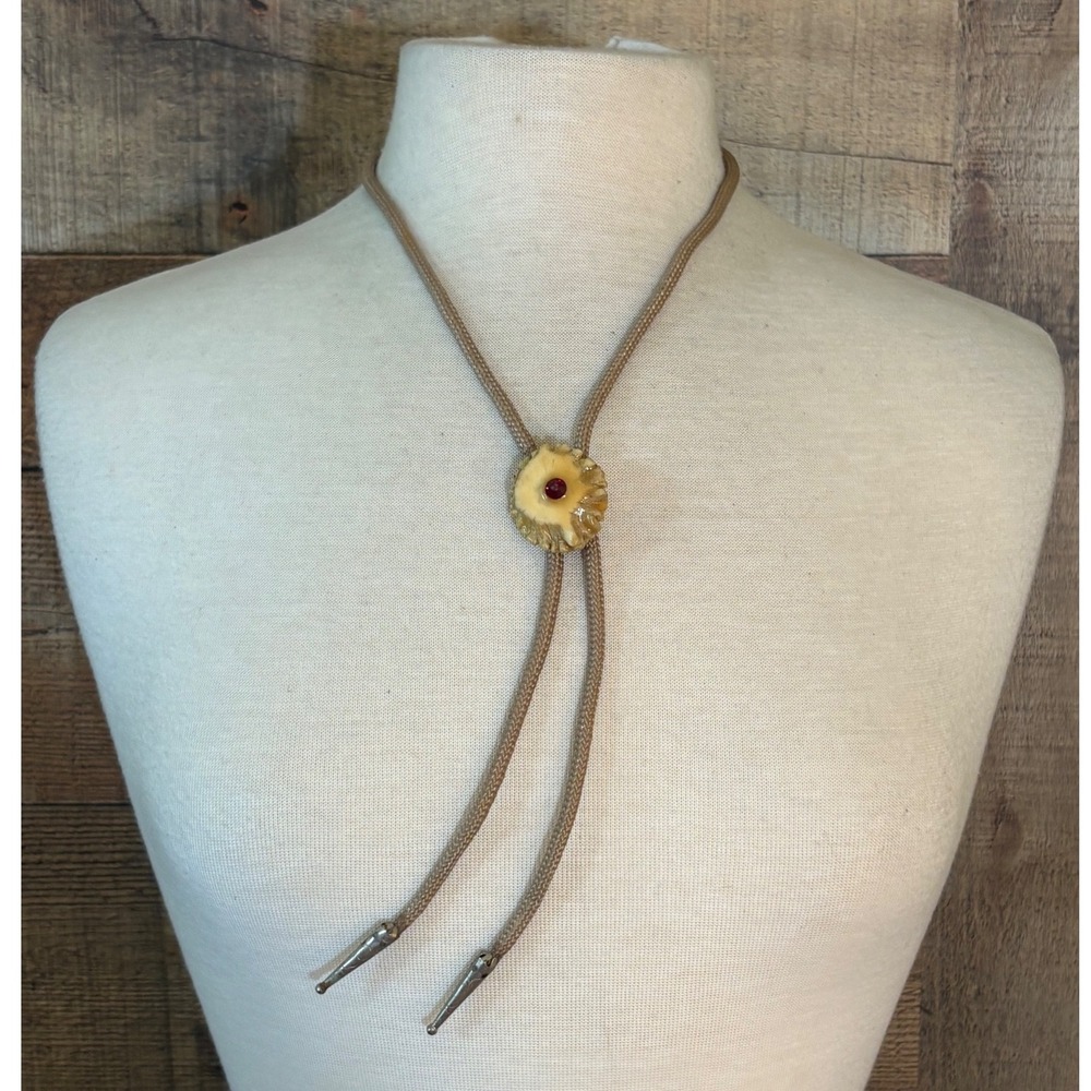 Vintage Antler Bolo Tie Tan Braided Cord Red Rhinestone Silver Tips